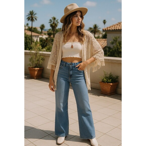 Royalty For Me Denim Blue Jeans Size 10 High Rise Wide Leg Boho Preppy Coastal - Picture 1 of 12